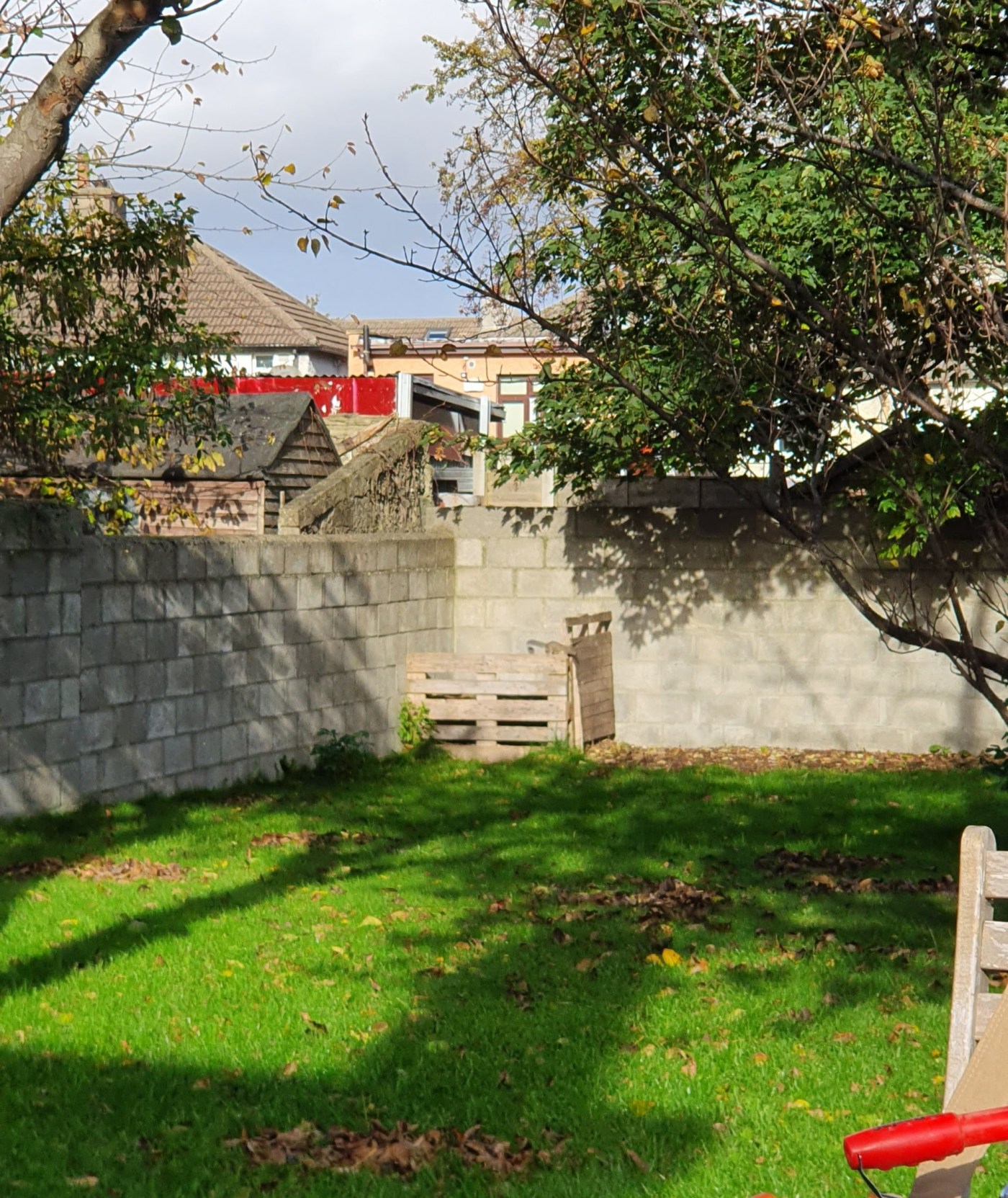A backgarden lawn, with piles of leaves and shade from trees